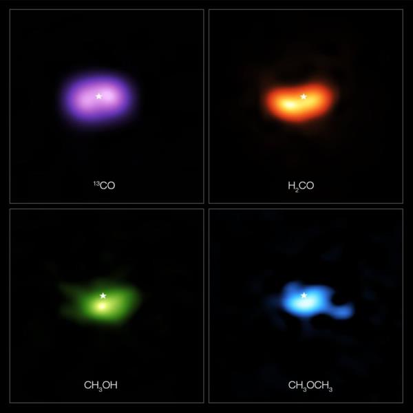 These images from the Atacama Large Millimeter/submillimeter Array (ALMA) show wher<em></em>e various gas molecules were found in the disc around the IRS 48 star, also known as Oph-IRS 48. The disc co<em></em>ntains a cashew-nut-shaped region in its southern part, which traps millimetre-sized dust grains that can come together and grow into kilometre-sized objects like comets, asteroids and potentially even planets. Recent observations spotted several complex organic molecules in this region, including formaldehyde (H2CO; orange), methanol (CH3OH; green) and dimethyl ether (CH3OCH3; blue), the last being the largest molecule found in a planet-forming disc to date. Image Credit: ALMA (ESO/NAOJ/NRAO)/A. Pohl, van der Marel et al., Brunken et al.