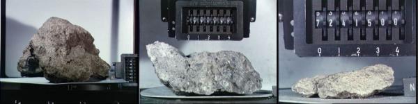 Three Apollo 17 sample rocks are being weighed in a lab. Image Credit: NASA