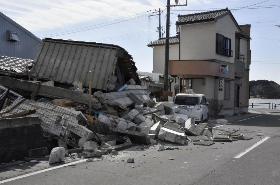 A damaged building is seen following a strong earthquake, in Soma, Fukushima Prefecture, Japan, in this photo taken by Kyodo on March 17, 2022. (Kyodo via Reuters)