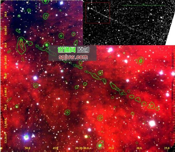 This image from the study shows PSR J2030+4415 as seen by two instruments. The red, green, and blue are H-alpha spectral emissions as imaged with the Gemini Multi-Object Spectrograph on the Gemini Telescope North. The smoothed green co<em></em>ntours show x-ray emissions observed with the Advanced CCD Imaging Spectrometer on the Chandra X-ray Observatory. Some of the x-ray emissions are from field stars and background sources, but the pulsar wind nebula and the filament are clearly visible. Image Credit: De Vries and Romani 2022.
