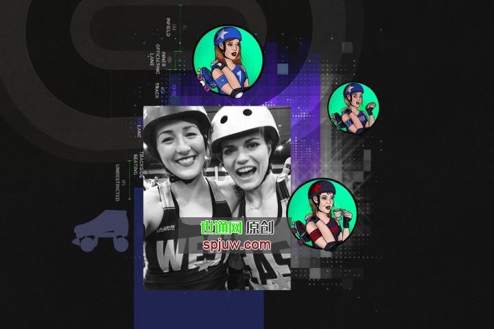 Collage of a picture of two women in roller derby helmets and shirts plus cartoon images of roller derby participants.