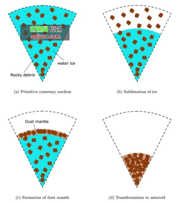 This figure from the study shows how a comet can transition to an asteroid. (a) shows the comet nucleus co<em></em>ntaining water ice and rock. (b) shows the ice sublimating from the outer layer as the comet enters the inner Solar System. (c) shows rocky debris accumulating on the surface and forming a porous mantle. (d) shows how the comet transforms into an asteroid after the remaining volatiles sublimate and escape through the porous mantle. Image Credit: Miura et al. 2022
